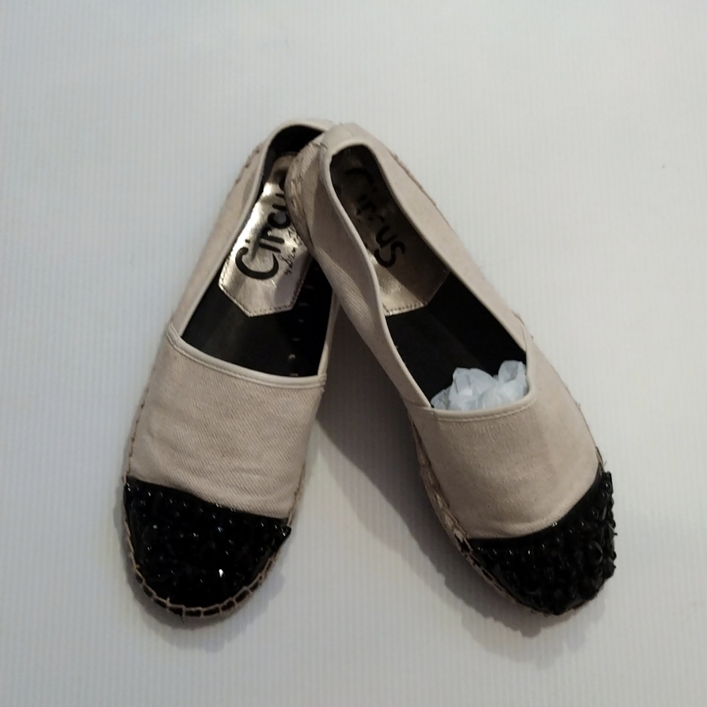- Circus cream black beaded toe espidrille shoes